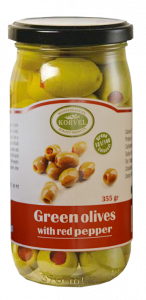 GREEK GREEN OLIVES STUFFED WITH RED PEPPER